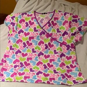 BNWOT Colorful Heart Cancer Rivbon Print Scrub Top by Just Love